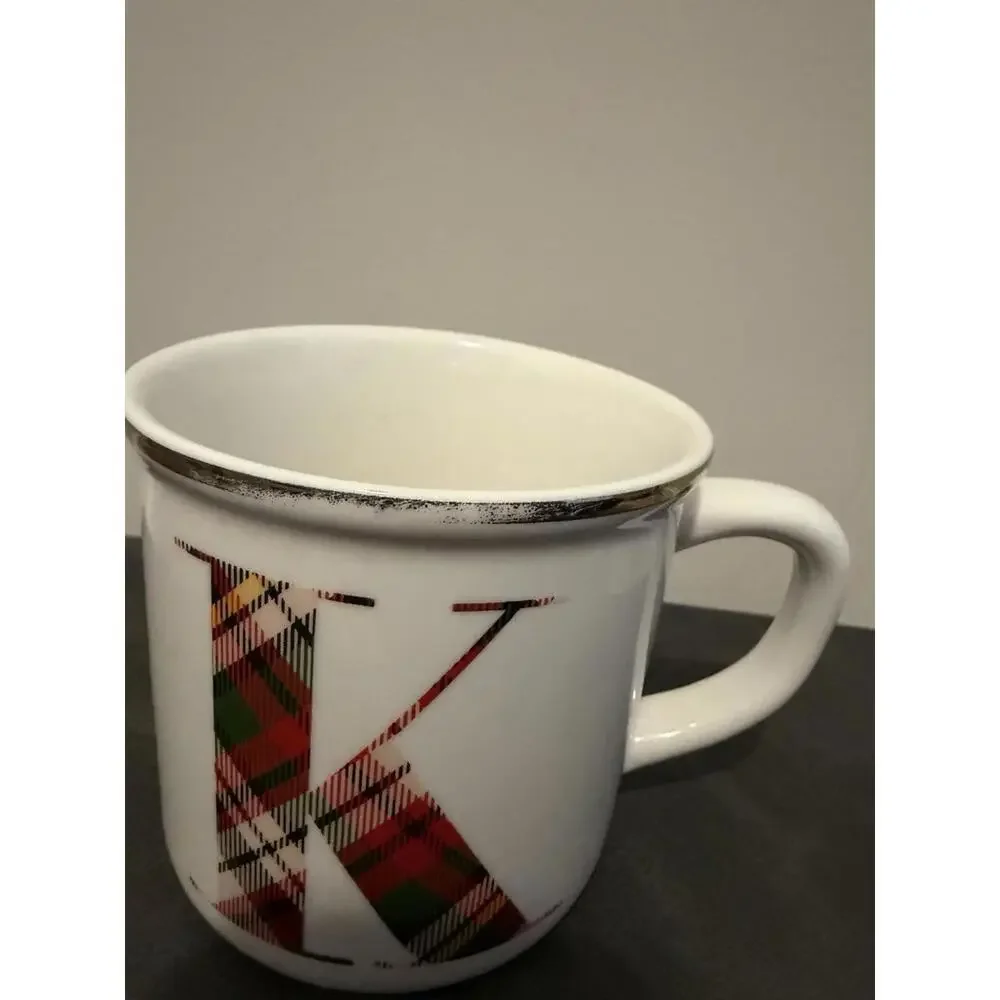Pottery Barn Plaid Monogram “K” Mug – White & Tartan Letter – Holiday Coffee Cup
